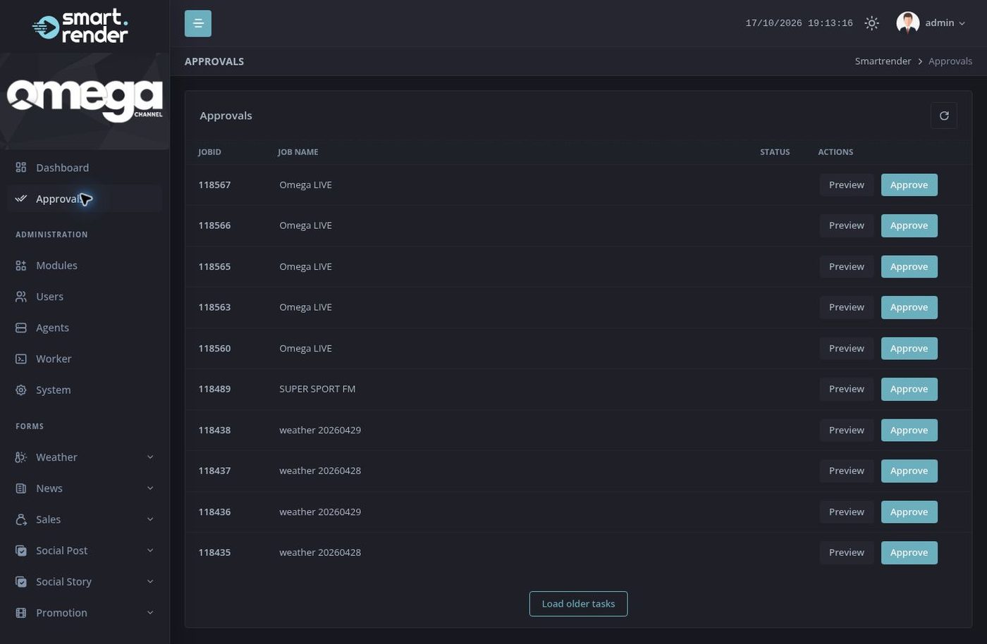Approvals list with preview and approve actions for each task