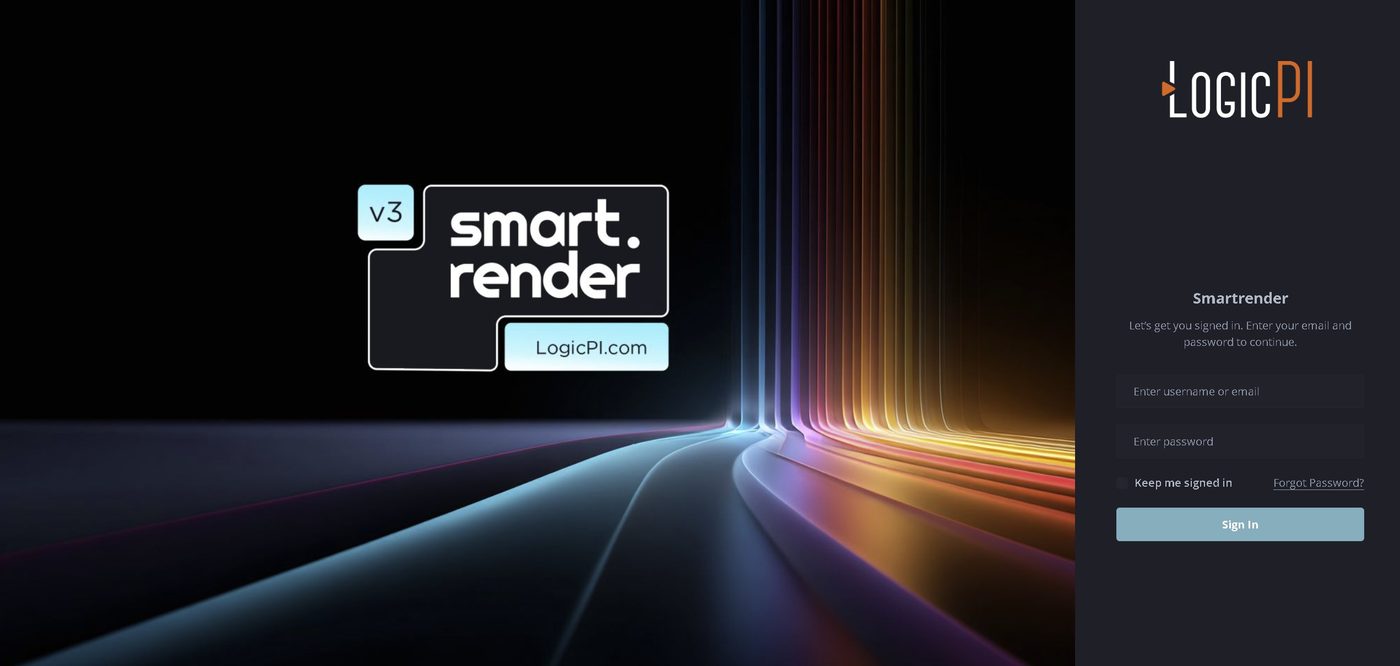 SmartRender v3 sign-in screen with the LogicPI logo