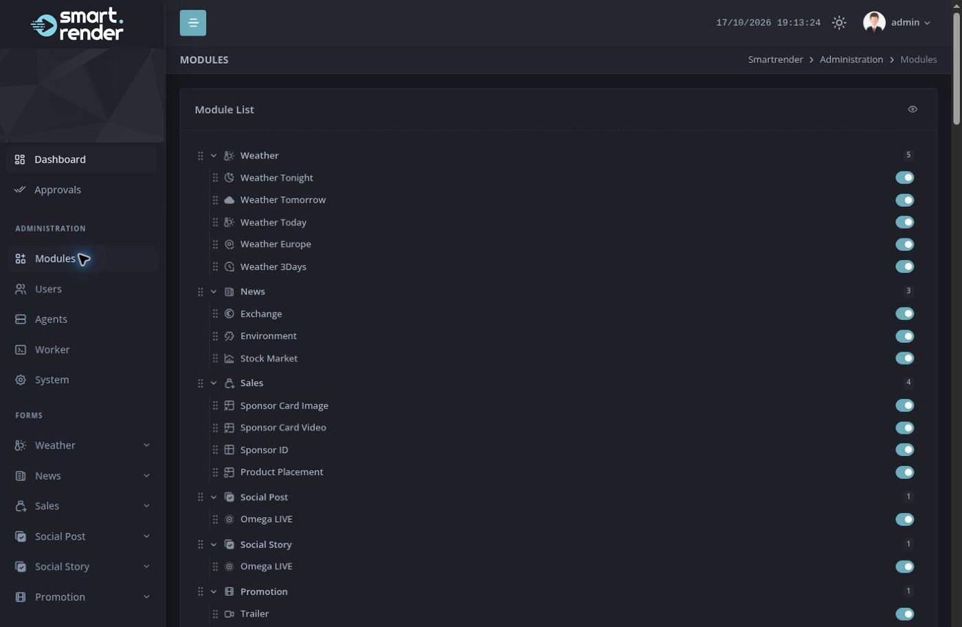 Module list grouped by Weather, News, Sales, Social and Promotion, each with an on/off switch